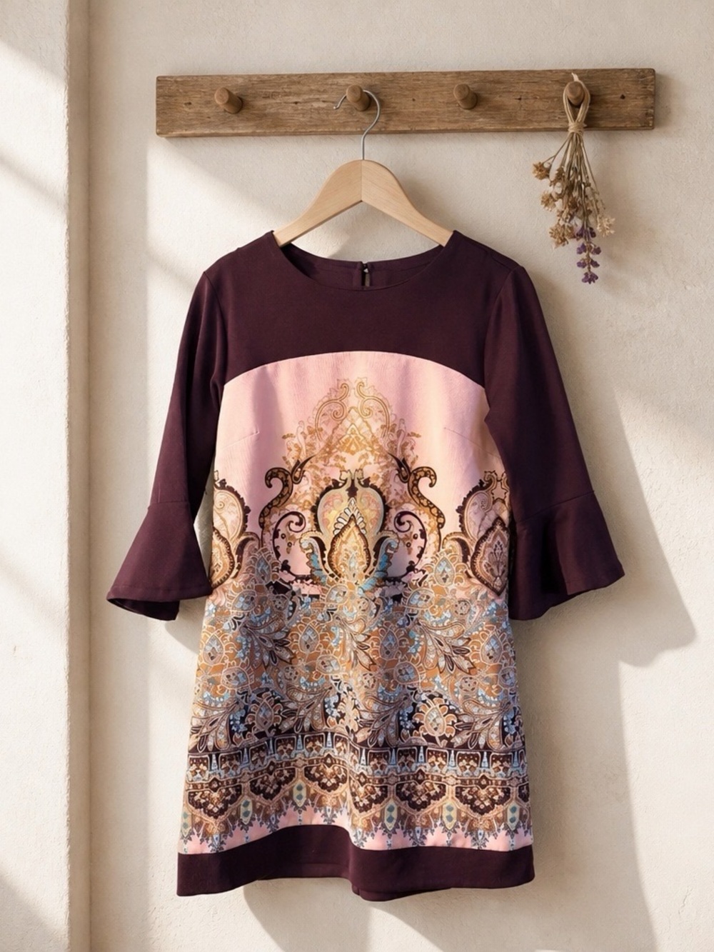 New York & Company Paisley Shift Dress Size M Bell Sleeve Plum Pink
